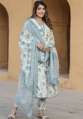 Blue cotton slub fabric printed festive special readymade suit 3