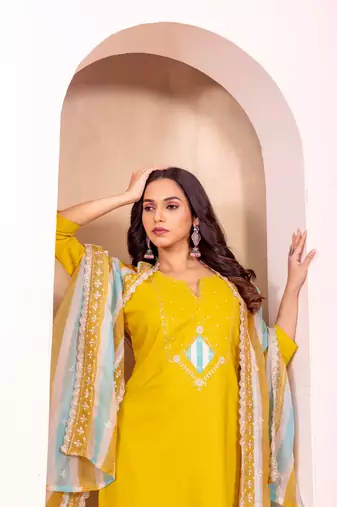 Yellow roman silk fabric embroidery work with printed festive special readymade suit