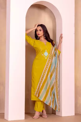 Yellow roman silk fabric embroidery work with printed festive special readymade suit