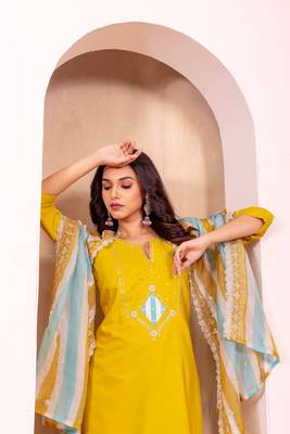 Yellow roman silk fabric embroidery work with printed festive special readymade suit 4
