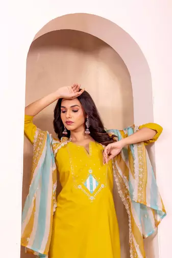 Yellow roman silk fabric embroidery work with printed festive special readymade suit