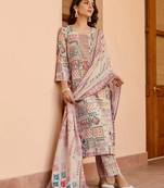 Cream cotton fabric printed festive special readymade suit