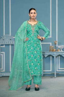 Sea green viscosee organza fancy ceremonial salwar suit for girlie looks 1