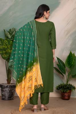 Green roman silk fabric embroidery work with printed festive special readymade suit 2