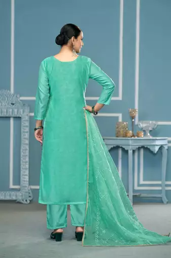 Sea green viscosee organza fancy ceremonial salwar suit for girlie looks