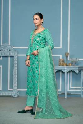 Sea green viscosee organza fancy ceremonial salwar suit for girlie looks 3