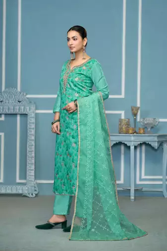 Sea green viscosee organza fancy ceremonial salwar suit for girlie looks