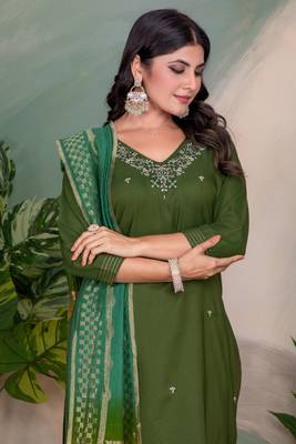 Green roman silk fabric embroidery work with printed festive special readymade suit 3