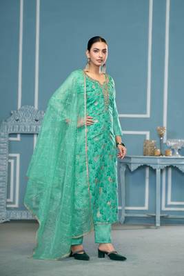 Sea green viscosee organza fancy ceremonial salwar suit for girlie looks 4