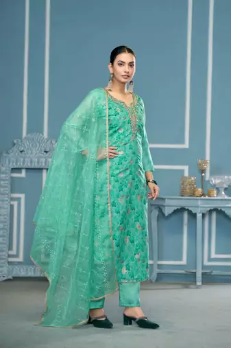 Sea green viscosee organza fancy ceremonial salwar suit for girlie looks