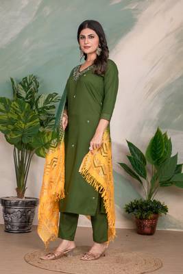 Green roman silk fabric embroidery work with printed festive special readymade suit 4