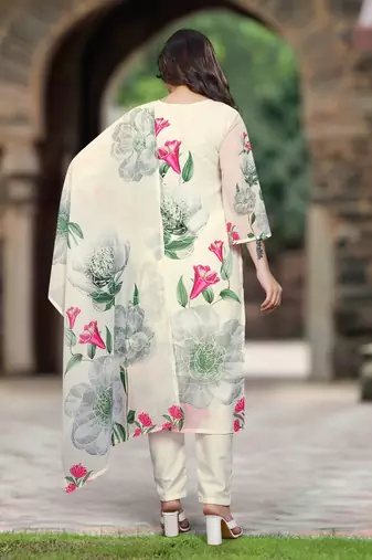 Off white georgette fabric embroidery work with printed festive special readymade suit