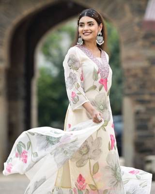 Off white georgette fabric embroidery work with printed festive special readymade suit 3