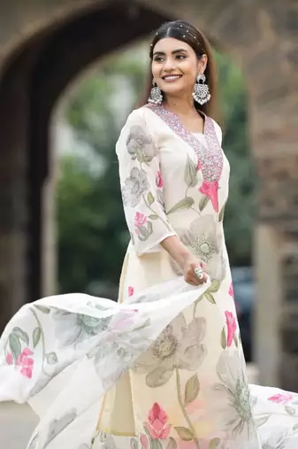 Off white georgette fabric embroidery work with printed festive special readymade suit