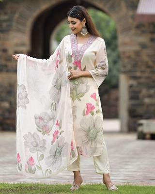Off white georgette fabric embroidery work with printed festive special readymade suit 4