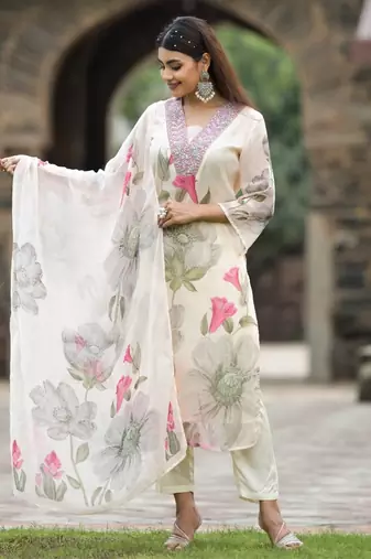 Off white georgette fabric embroidery work with printed festive special readymade suit