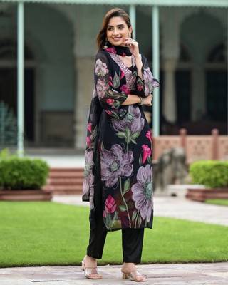 Black georgette fabric embroidery work with printed festive special readymade suit 4