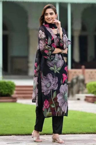 Black georgette fabric embroidery work with printed festive special readymade suit