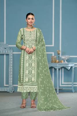 Green viscosee organza fabric embroidery work salwar kameez 1