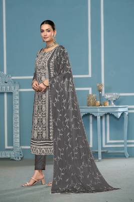 Dusty grey viscosee organza fabric embroidery work salwar kameez 3