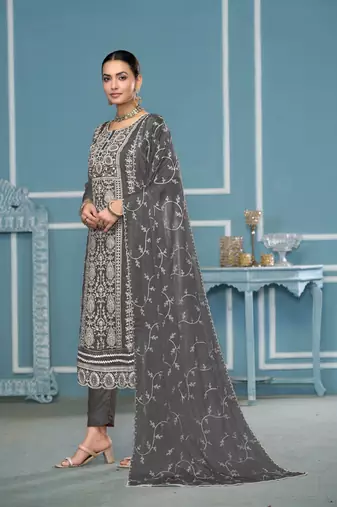 Dusty grey viscosee organza fabric embroidery work salwar kameez