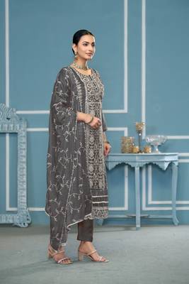 Dusty grey viscosee organza fabric embroidery work salwar kameez 4