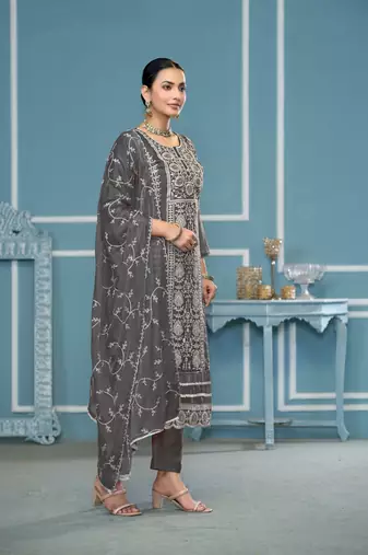 Dusty grey viscosee organza fabric embroidery work salwar kameez