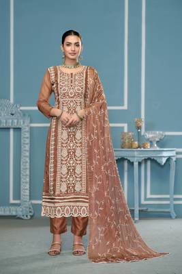 Brown viscosee organza fabric embroidery work salwar kameez 1