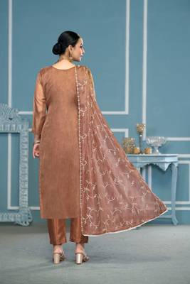 Brown viscosee organza fabric embroidery work salwar kameez 2