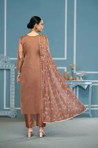 Brown viscosee organza fabric embroidery work salwar kameez