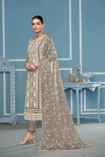 Grey viscosee organza fabric embroidery work salwar kameez