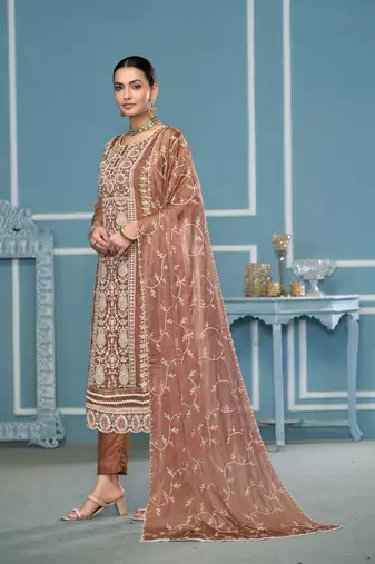 Brown viscosee organza fabric embroidery work salwar kameez