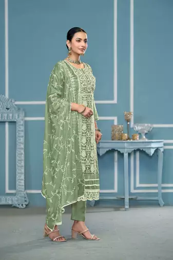 Green viscosee organza fabric embroidery work salwar kameez