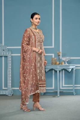 Brown viscosee organza fabric embroidery work salwar kameez 4