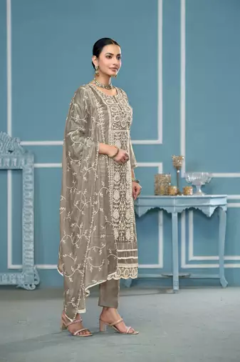 Grey viscosee organza fabric embroidery work salwar kameez