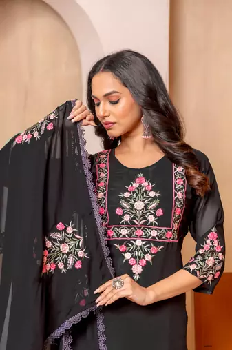 Black georgette fabric embroidery work festive special readymade suit