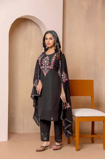 Black georgette fabric embroidery work festive special readymade suit