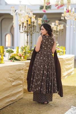 Brown beautiful muslin fabric digital printed girlie ceremonial dress 2