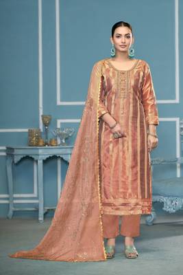 Peach viscosee organza fabric wevon , embroidery, hand work salwar kameez 1