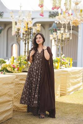 Brown beautiful muslin fabric digital printed girlie ceremonial dress 3