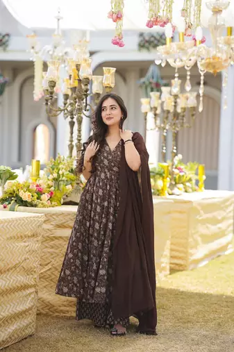 Brown beautiful muslin fabric digital printed girlie ceremonial dress