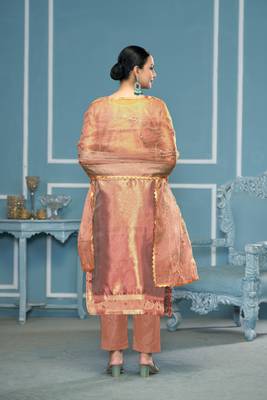 Peach viscosee organza fabric wevon , embroidery, hand work salwar kameez 2