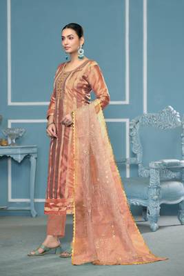 Peach viscosee organza fabric wevon , embroidery, hand work salwar kameez 3
