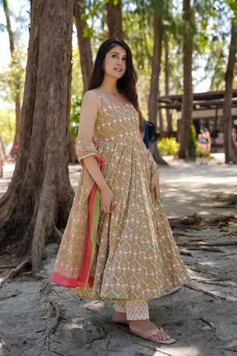 Green beautiful muslin fabric digital printed girlie ceremonial dress