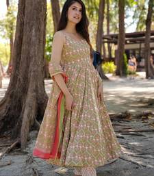 Green beautiful muslin fabric designer digital printed girlie ceremonial dress
