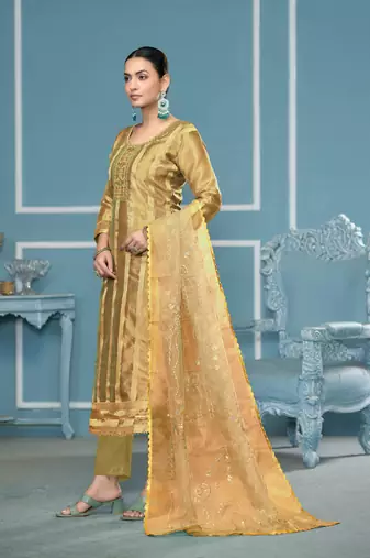 Green viscosee organza fabric wevon , embroidery, hand work salwar kameez