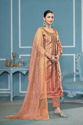 Peach viscosee organza fabric wevon , embroidery, hand work salwar kameez 4