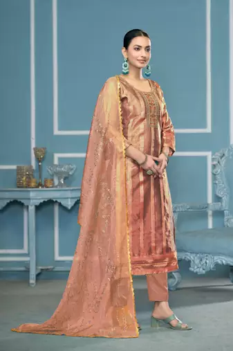 Peach viscosee organza fabric wevon , embroidery, hand work salwar kameez