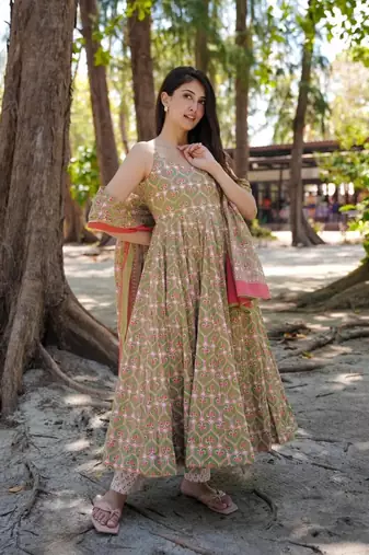 Green beautiful muslin fabric digital printed girlie ceremonial dress