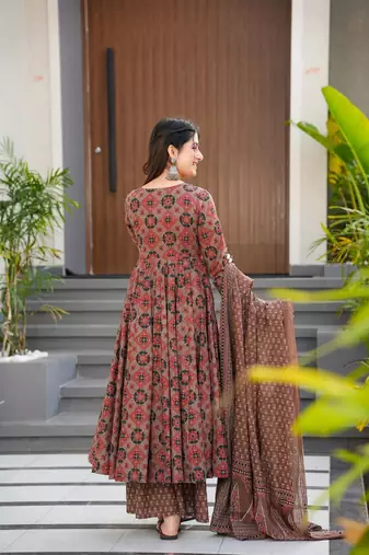 Brown beautiful muslin fabric digital printed girlie ceremonial dress